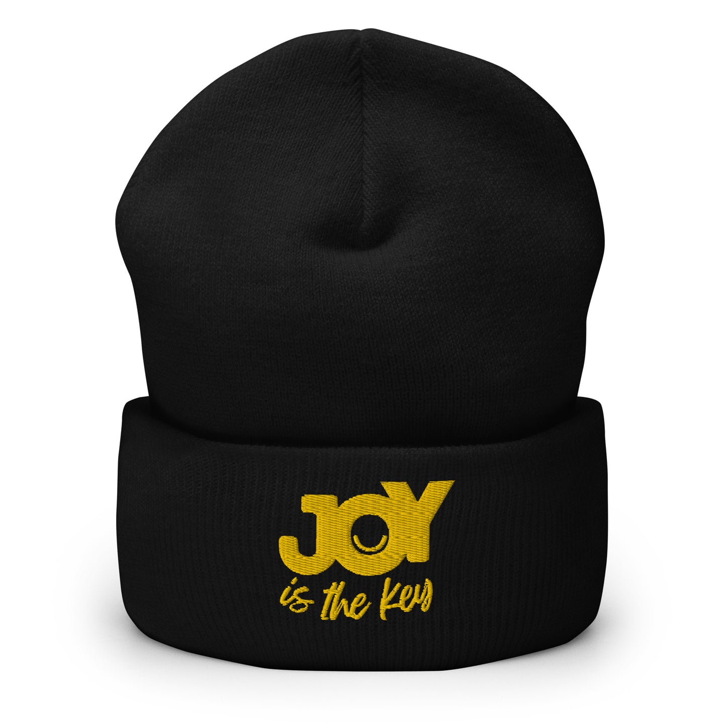 JOY is the key - Beanie, bestickte Strickhaube mit Umschlag