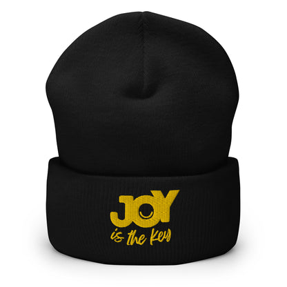 JOY is the key - Beanie, bestickte Strickhaube mit Umschlag