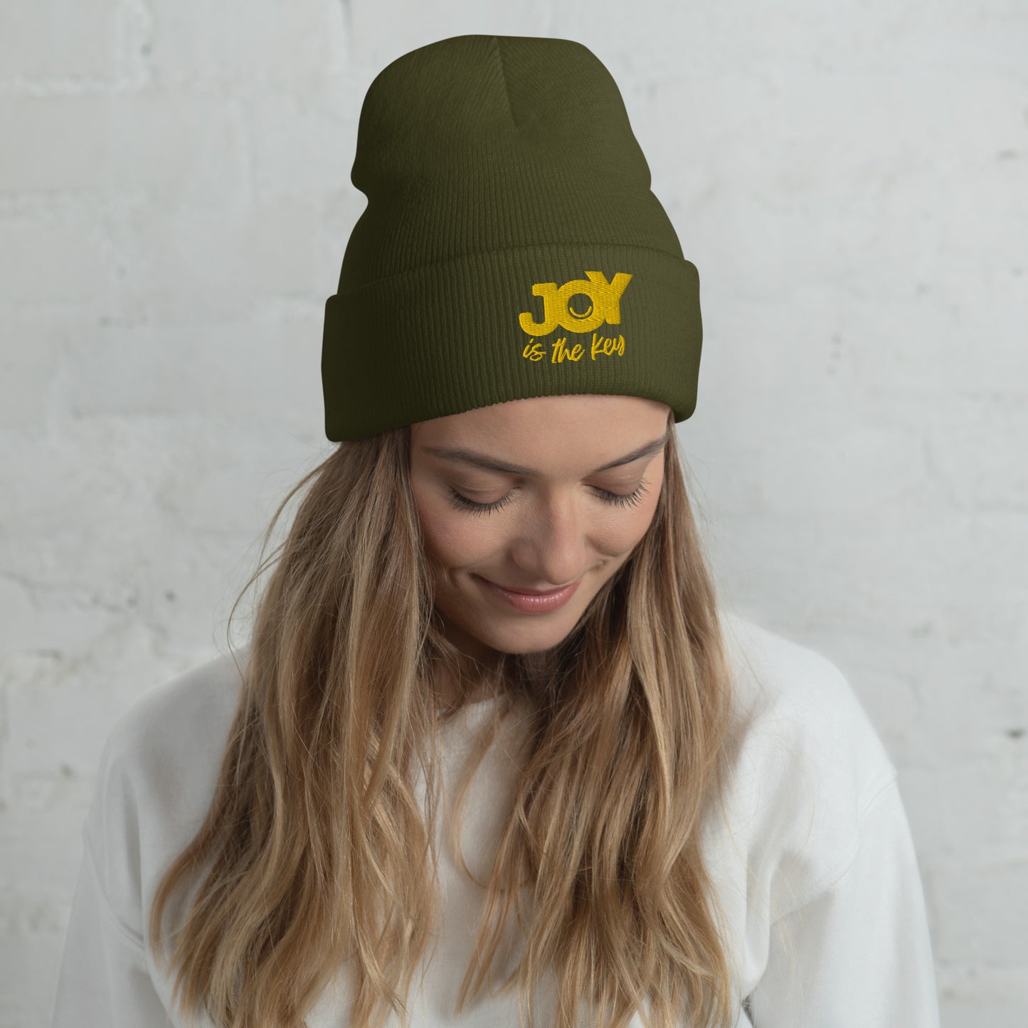 JOY is the key - Beanie, bestickte Strickhaube mit Umschlag